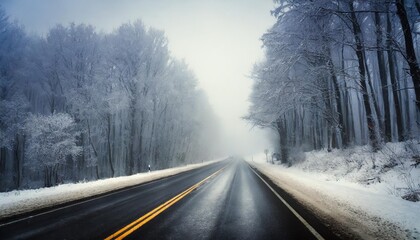 Obraz na płótnie Canvas bad weather driving foggy hazy country road motorway road traffic winter time and snow