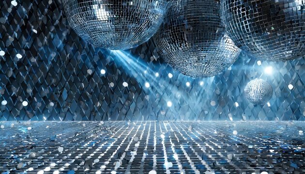 blue disco dance floor with mirror balls lattice framework and spot lights 3d render