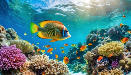 Naklejka na ściany i meble mesmerizing world of underwater wonders with a vivid scene showcasing tropical sea life colorful fishes and intricate coral reefs