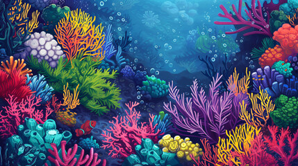 Naklejka na ściany i meble Dive into a vibrant underwater world with this seamless coral texture. Bursting with life, colorful and intricate sea creatures bring this marine scene to life. Explore the beauty of the oce