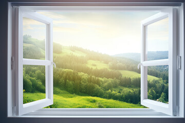beautiful mountain landscape seen through a white window frame with sun flares. AI generated
