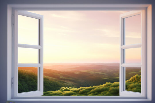 Fototapeta beautiful mountain landscape at sunset seen through a white window frame. Open window template. AI generated