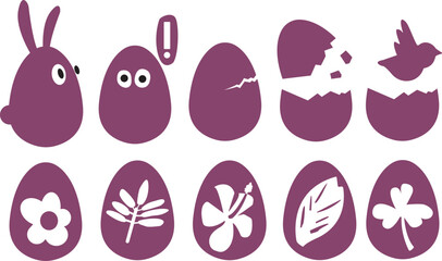 A simple, but pretty pack of nearly monochrome Easter eggs with bunny, bird and some prints of plants: hibiskus, clover, chamomile. © Grigoriy