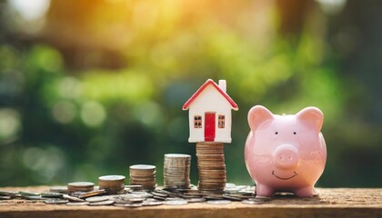 saving money buying house concept small house model on coins with piggy bank - obrazy, fototapety, plakaty