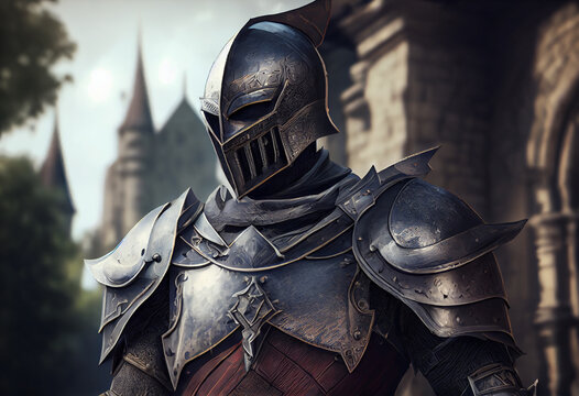 Knight in shining armor. Detail metal helmets. Medieval warrior