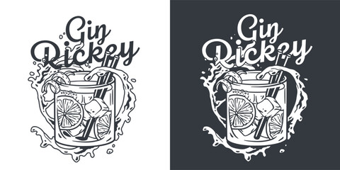 Gin rickey cocktail vector with mint and lime for cocktail bar or drink summer party. Mojito with rum, bourbon for beach bar and cafe menu