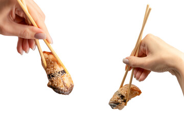 Unagi sushi in a woman hand isolated.