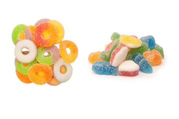 Assorted gummy candies isolated on a white background. Top view.