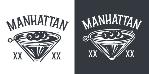 Monochrome manhattan cocktail, old fashioned with whiskey, vermouth and cherry for design of bar menu. Alcohol cocktail for drink party or tee print