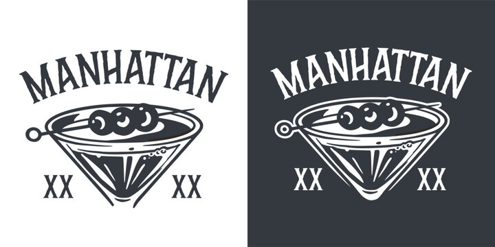 Monochrome manhattan cocktail, old fashioned with whiskey, vermouth and cherry for design of bar menu. Alcohol cocktail for drink party or tee print