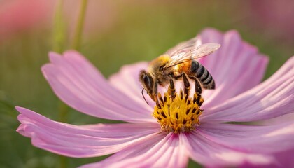 bee and flower close up of a large striped bee collects pollen on a pink cosmea cosmos flowers macro horizontal photography banner