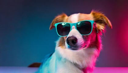 a dog in sunglasses on a monochromatic background with multi colored lighting