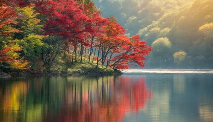 autumn colorful forest on the lake beautiful maple of red color contemporary art