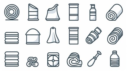 A simple set of towels and napkins related vector line icons. It includes icons such as wet towel, sanitary dispenser, toilet paper, and more. The icons feature editable strokes and are 48x48 pixels - Powered by Adobe