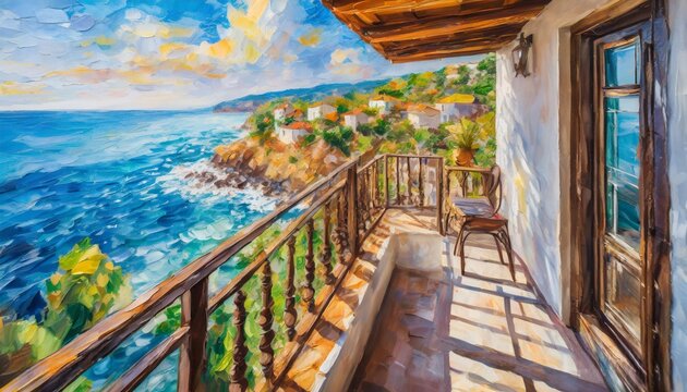 oil painting balcony near the sea