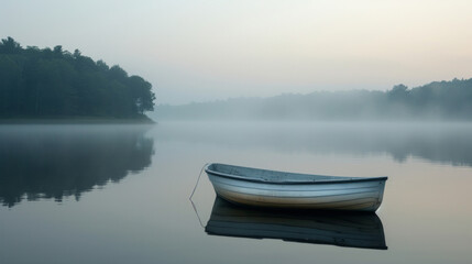 A tranquil lake with a lone rowboat, framed by early morning mist