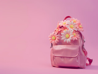 Pink Backpack With Flowers On Pink Background