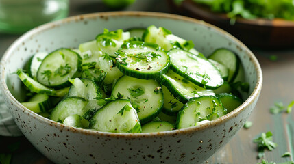 a bowl of sliced cucumbers with herbs