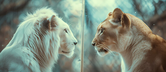 Lion and Lioness: Eye Contact of Majestic Royalty - obrazy, fototapety, plakaty