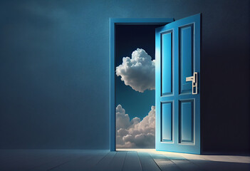 New life door to heaven, conceptual image. Leaving all problems behind, walking into a new life, retirement or withdrawal concept.