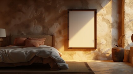 A Mediterranean-style bedroom with warm tones, showcasing an empty canvas frame on a stucco wall, lit by the radiant light of a Mediterranean sunbeam.