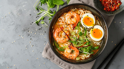 a bowl of ramen with shrimp and an egg