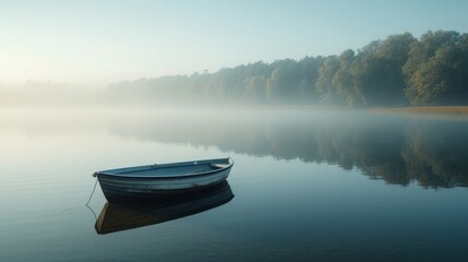 A tranquil lake with a lone rowboat, framed by early morning mist