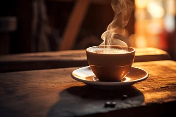 A steaming cup of espresso on a rustic wooden table, copy space © Radmila Merkulova