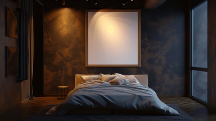 A sophisticated bedroom with an art gallery feel, where an empty canvas frame is set against a wall with a dramatic dark hue, accentuated by the focused light of track lighting.