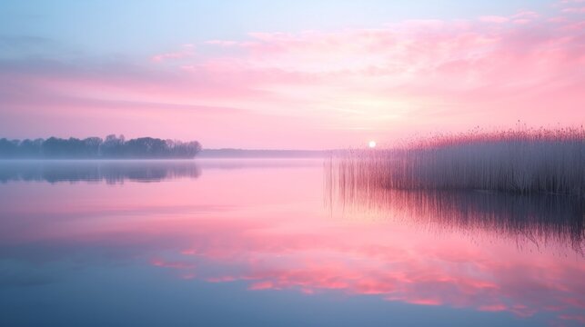 A soft-focus image of a pastel sunrise over a calm lake