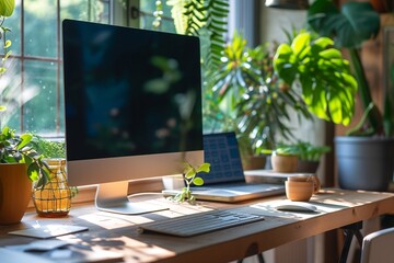 Digital generated image of comfortable workplace with potted plants, books, pegboard, paper sticky note, table lamp and computer