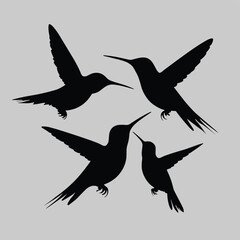Obraz premium Silhouette of four hummingbirds in mid-flight set against a light gray background, showcasing elegance and grace.