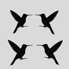 Obraz premium Silhouette of four hummingbirds facing each other on a light gray background, showcasing symmetry and simplicity.