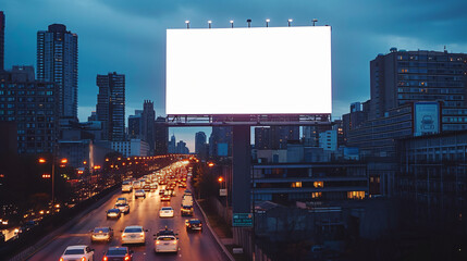 A captivating billboard mockup in a mesmerizing cityscape bathed in the enchanting hues of dusk. With its vast, empty canvas, this scene provides endless possibilities for advertisers lookin - obrazy, fototapety, plakaty