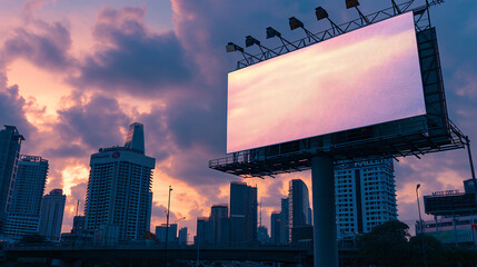 A captivating billboard mockup in a mesmerizing cityscape bathed in the enchanting hues of dusk. With its vast, empty canvas, this scene provides endless possibilities for advertisers lookin - obrazy, fototapety, plakaty