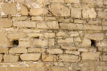 Old limestone brick wall with dry sticks