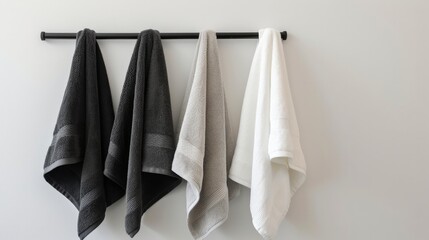 White, black, and grey cotton terry towels hanging on a rail, isolated - obrazy, fototapety, plakaty