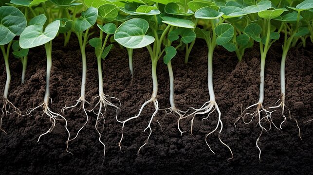 Roots with leaves of fresh soy. Germinated soybean sprouts in the soil. Close-up. From the earth to your table, these germinated soy sprouts offer a delightful crunch and a wealth of health benefits.
