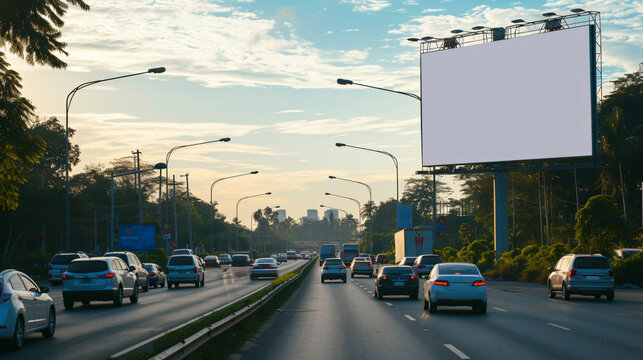 A breathtaking image showcasing a blank billboard on a highway, offering a boundless canvas to display captivating advertisements. Against a mesmerizing outdoor backdrop, this mockup present