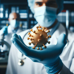 scientist hold coronavirus virus x-virus in hands over laboratory blurred background