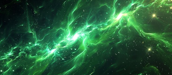 Computer-generated 3D render of abstract spacetime, including green glowing plasma, dark matter, and energy.