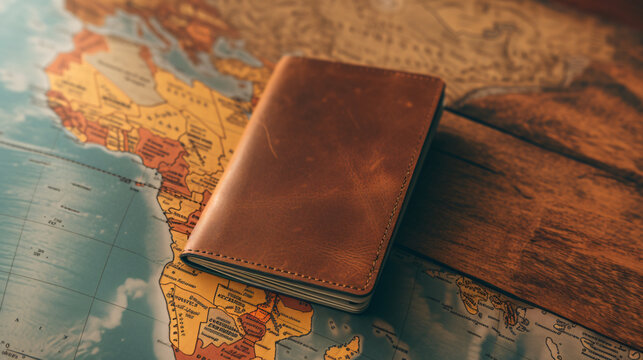 A stunning mockup of a blank passport cover positioned against a vibrant world map, showcasing the cover's exceptional material and endless customization possibilities. The perfect image to