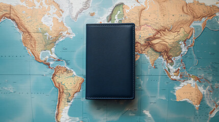 A stunning blank passport cover mockup featuring a beautiful world map background, perfectly highlighting the cover's material and endless customization possibilities. This versatile stock i