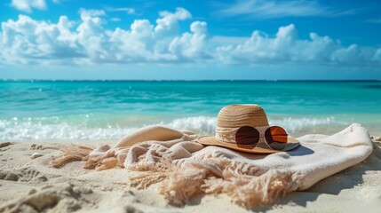 Obraz na płótnie Canvas A wide-angle view of a towel laid out on the beach, accompanied by a hat and sunglasses