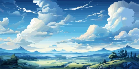 Fotobehang Vector blue sky clouds. Anime clean style. Background design © Svitlana