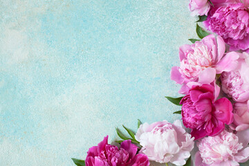 Pink and purple peonies flowers on a colored background for congratulations text