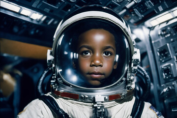 Astronaut kid. African american child wearing astronaut suit in spaceship. Child embracing future profession. Kid in aspirational attire - obrazy, fototapety, plakaty