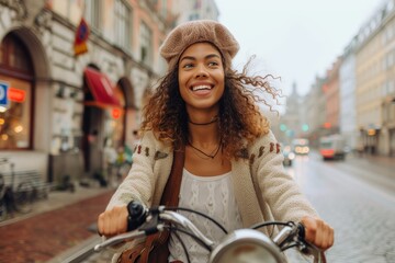 A joyful woman cruises down the street on her bike, her smile as bright as the sun, passing by buildings and trees as she enjoys the freedom and simplicity of her trusty bicycle - obrazy, fototapety, plakaty