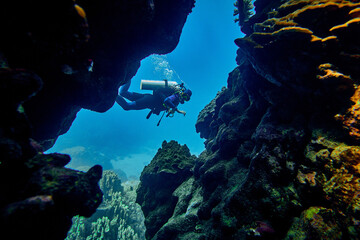 The beauty of the underwater world - a scuba diver got lost in an underwater cave - scuba diving in the Red Sea, Egypt
