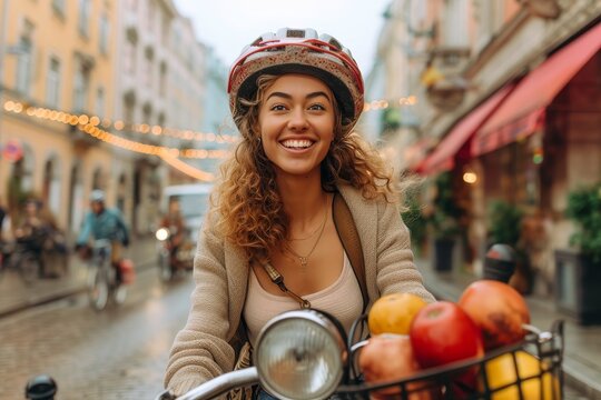 A joyful woman cruises through the city streets on her motorcycle, her basket overflowing with fresh fruit, exuding a carefree and stylish energy